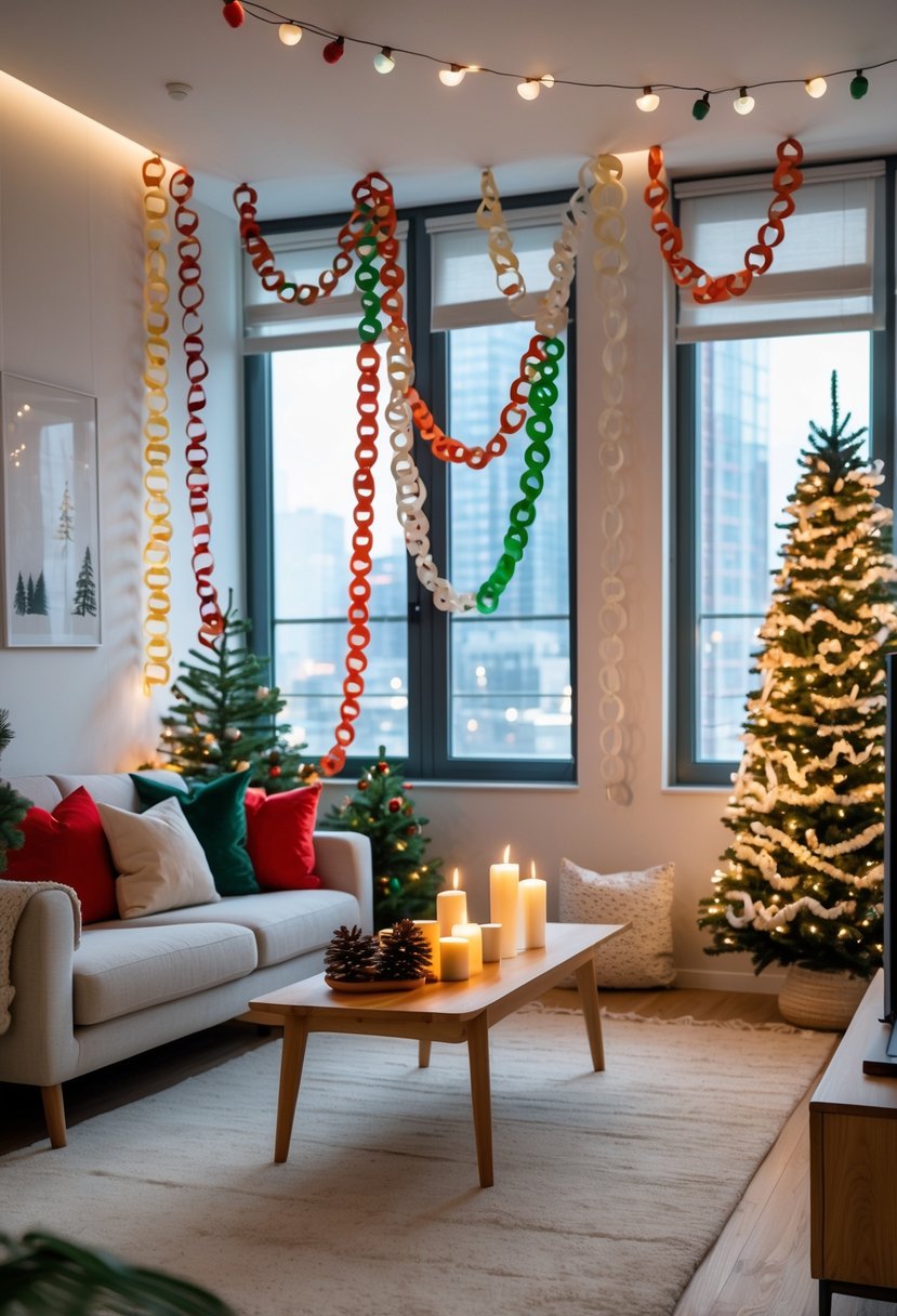 Apartment Christmas Decor Ideas 2025: 22 Stylish Ways To Elevate Small Spaces 22 Apartment living room decorated with colorful paper chain garlands and a Christmas tree, with warm lighting and holiday decorations.