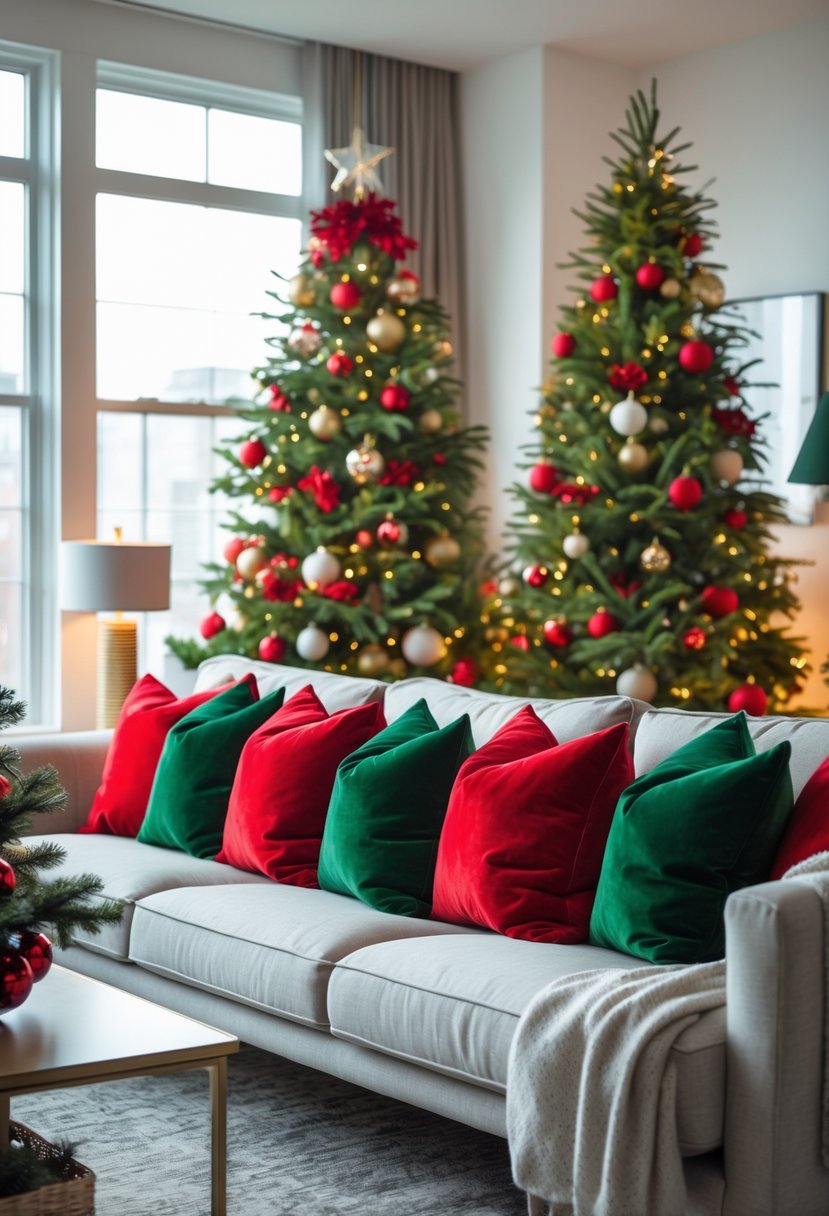 Apartment Christmas Decor Ideas 2025: 22 Stylish Ways To Elevate Small Spaces 23 A living room with red and green cushions on a sofa and Christmas decorations including a decorated tree.