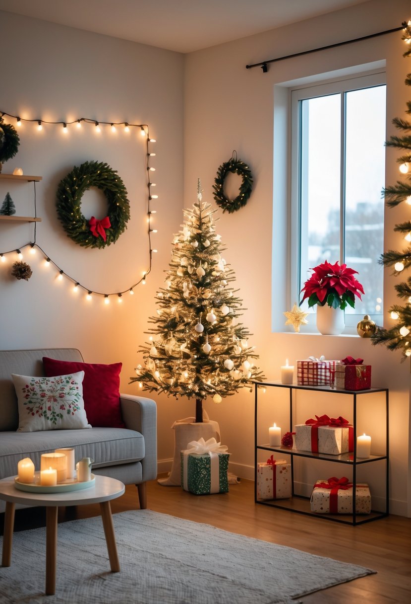 Apartment Christmas Decor Ideas 2025: 22 Stylish Ways To Elevate Small Spaces 25 A small apartment living room decorated for Christmas with a compact tree, string lights, wreath, and festive accents arranged to maximize space.