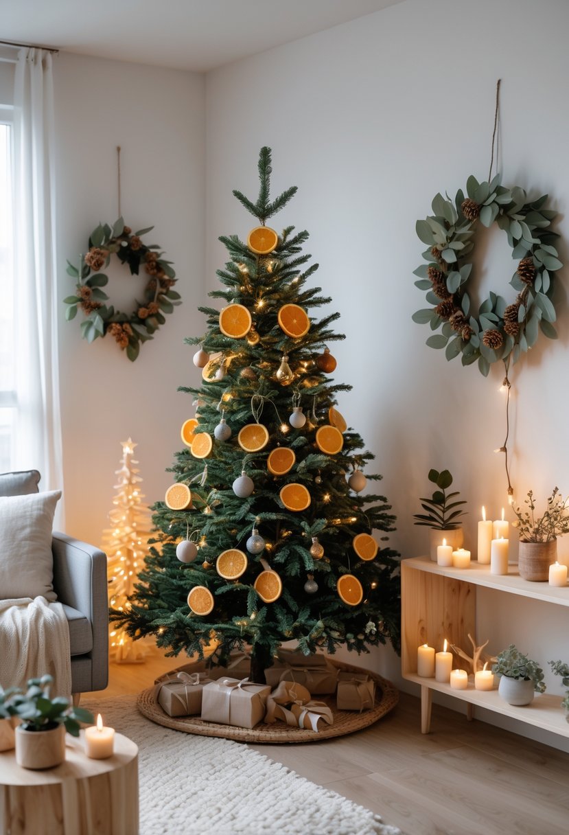 Apartment Christmas Decor Ideas 2025: 22 Stylish Ways To Elevate Small Spaces 26 A modern apartment living room decorated for Christmas with a natural Christmas tree, handmade ornaments, potted plants, candles, and a wreath on the wall.