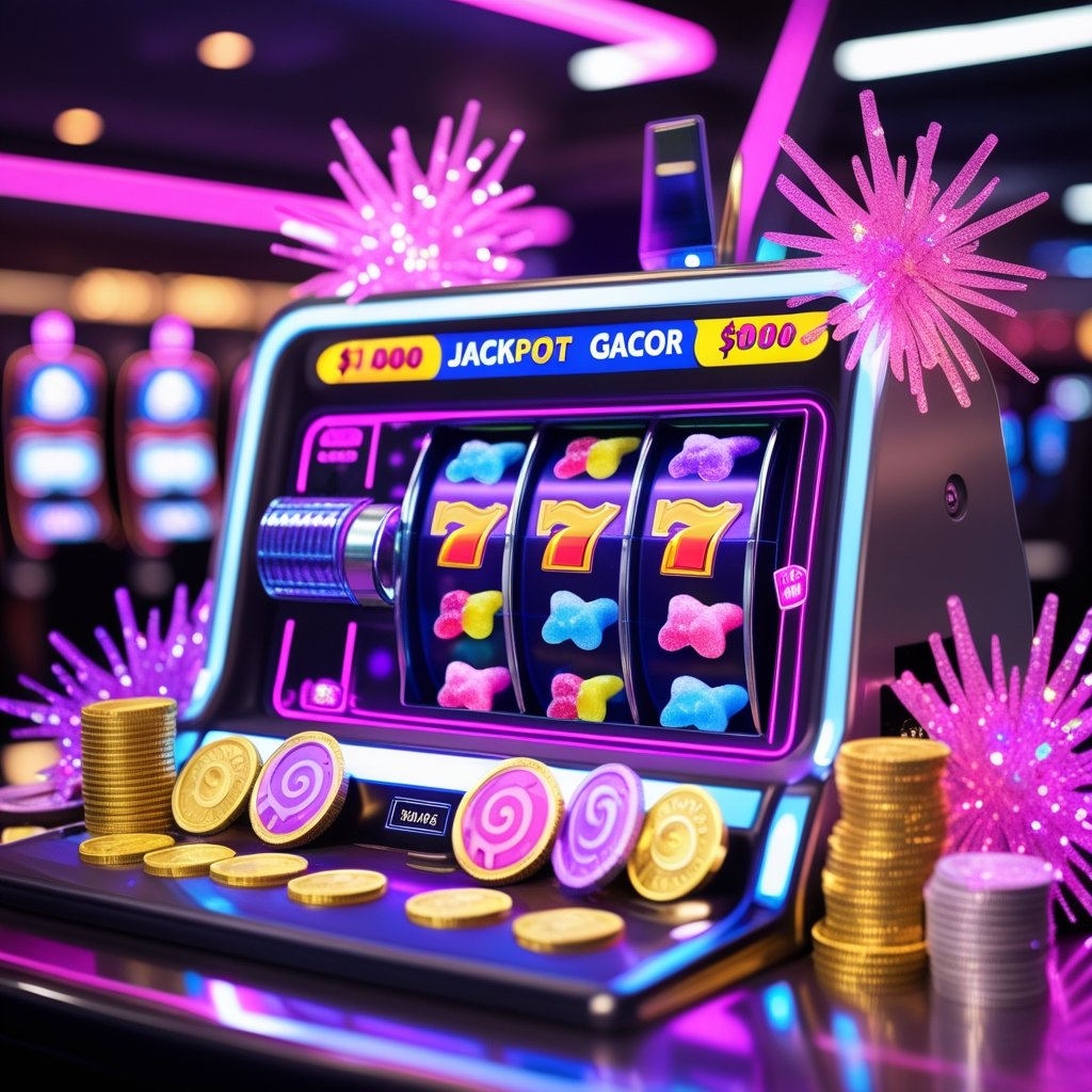 Mesin slot berwarna cerah dengan simbol permen dan koin berkilauan di sekitar, menunjukkan suasana kemenangan besar di kasino.