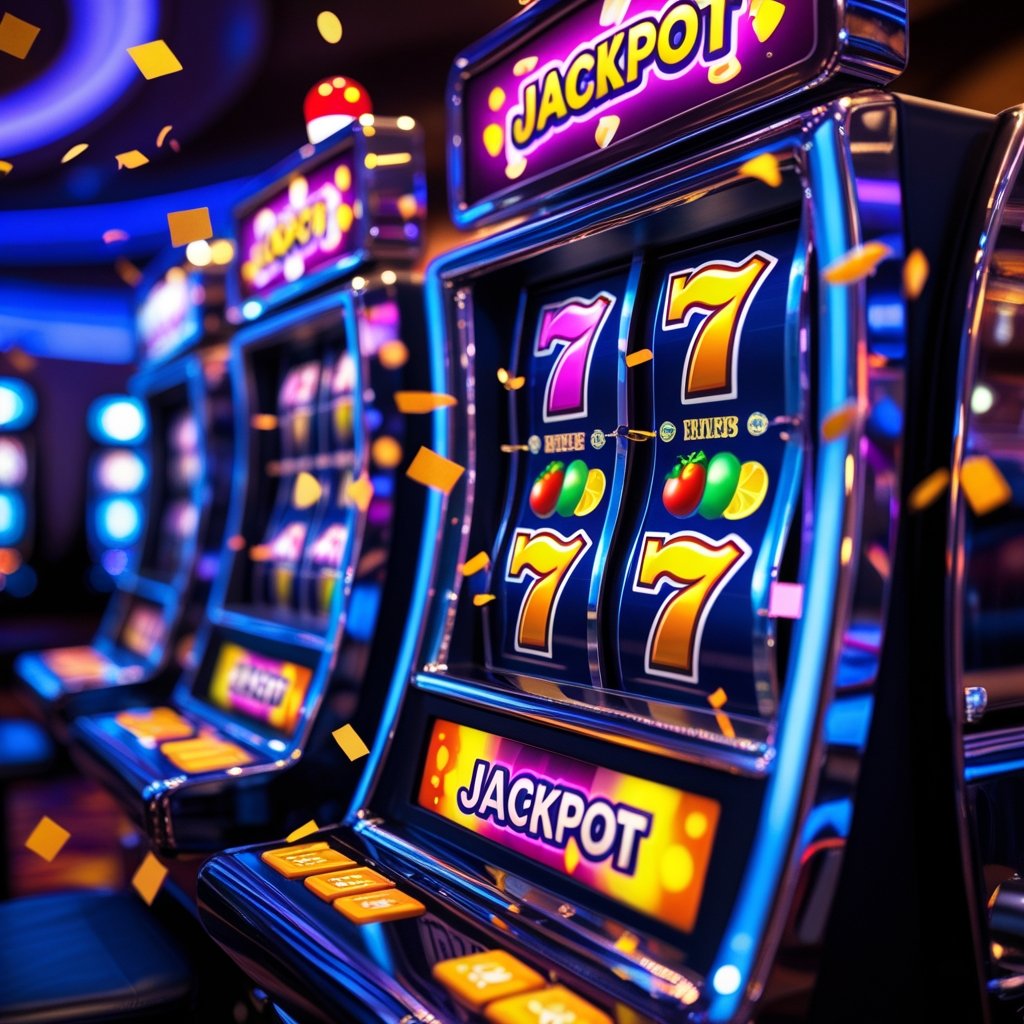 Mesin slot modern berwarna cerah dengan simbol permen dan buah, dikelilingi lampu berkilauan dan suasana kasino yang mewah.