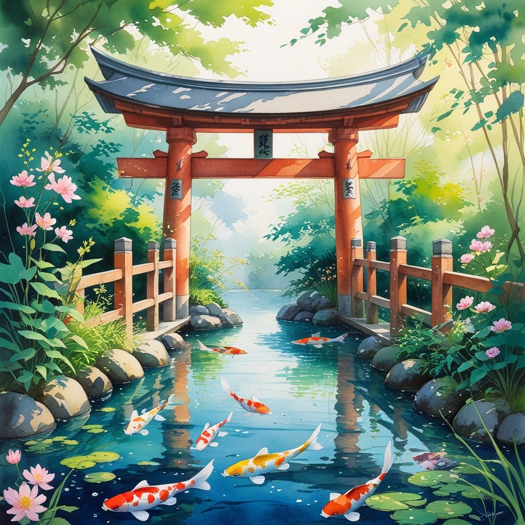 Pemandangan gerbang koi tradisional Jepang di atas kolam dengan ikan koi berwarna-warni berenang di air, dikelilingi tanaman hijau dan bunga.