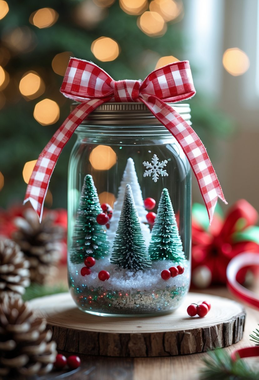 A mason jar snow globe filled with miniature Christmas decorations on a wooden table surrounded by craft supplies.