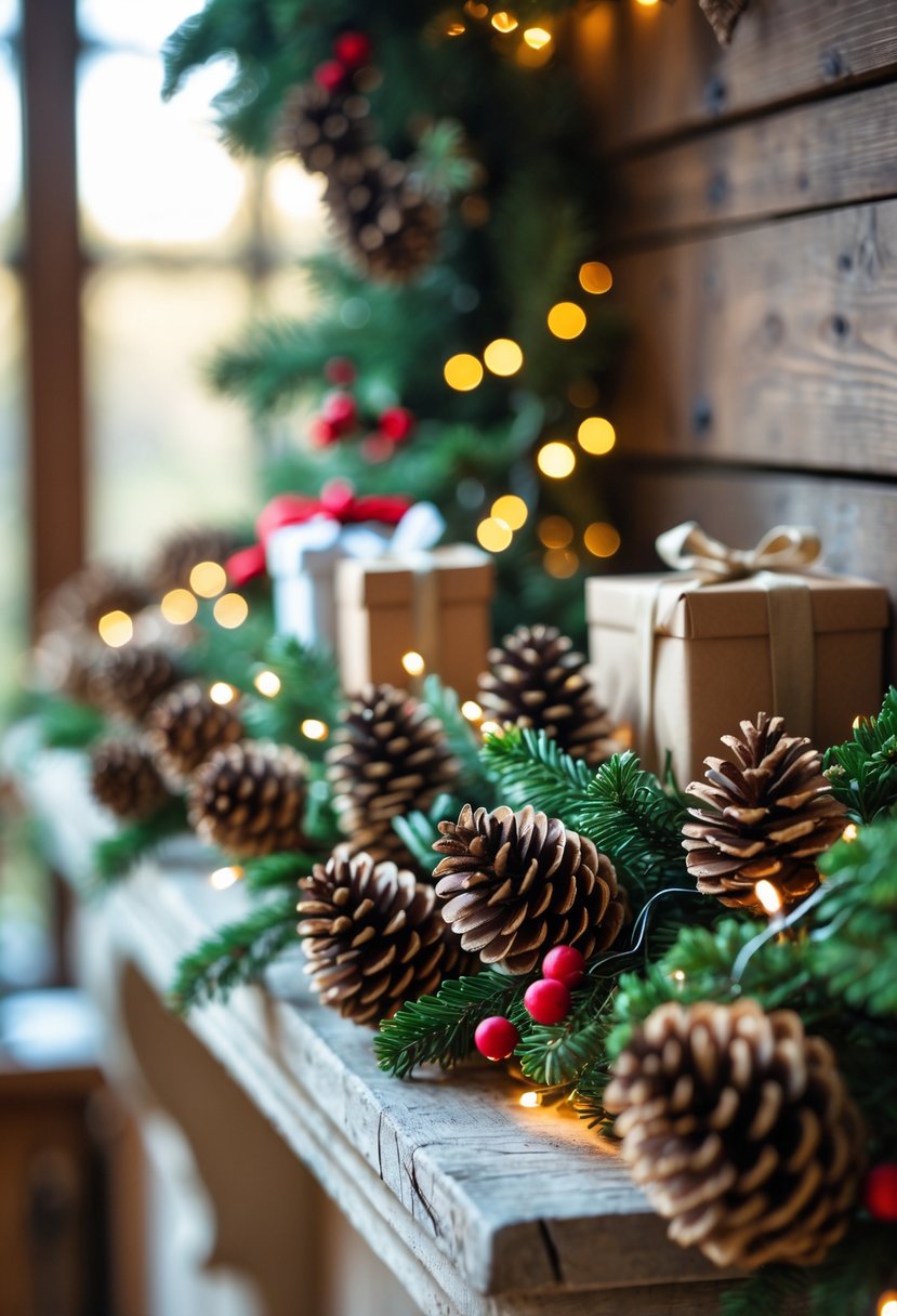 A pinecone garland decorated with evergreen sprigs and red berries hanging on a wooden mantel surrounded by Christmas decorations.