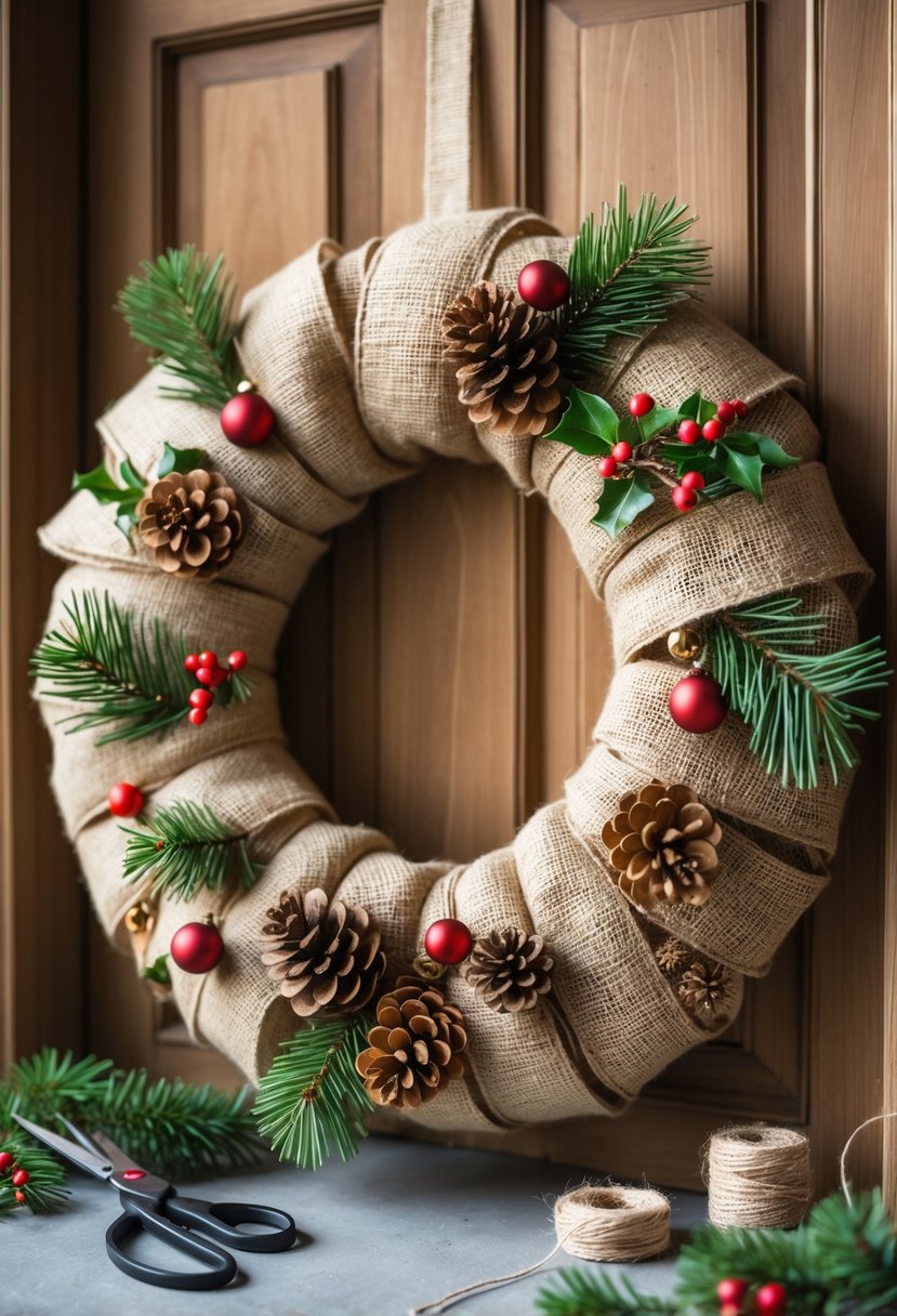 A burlap Christmas wreath decorated with pine cones, red berries, and evergreen sprigs hanging on a wooden door with crafting supplies nearby.