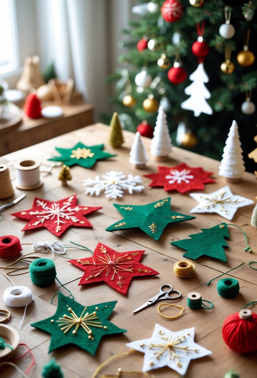 A table with various colorful felt Christmas tree decorations and crafting tools, with a decorated Christmas tree in the background.