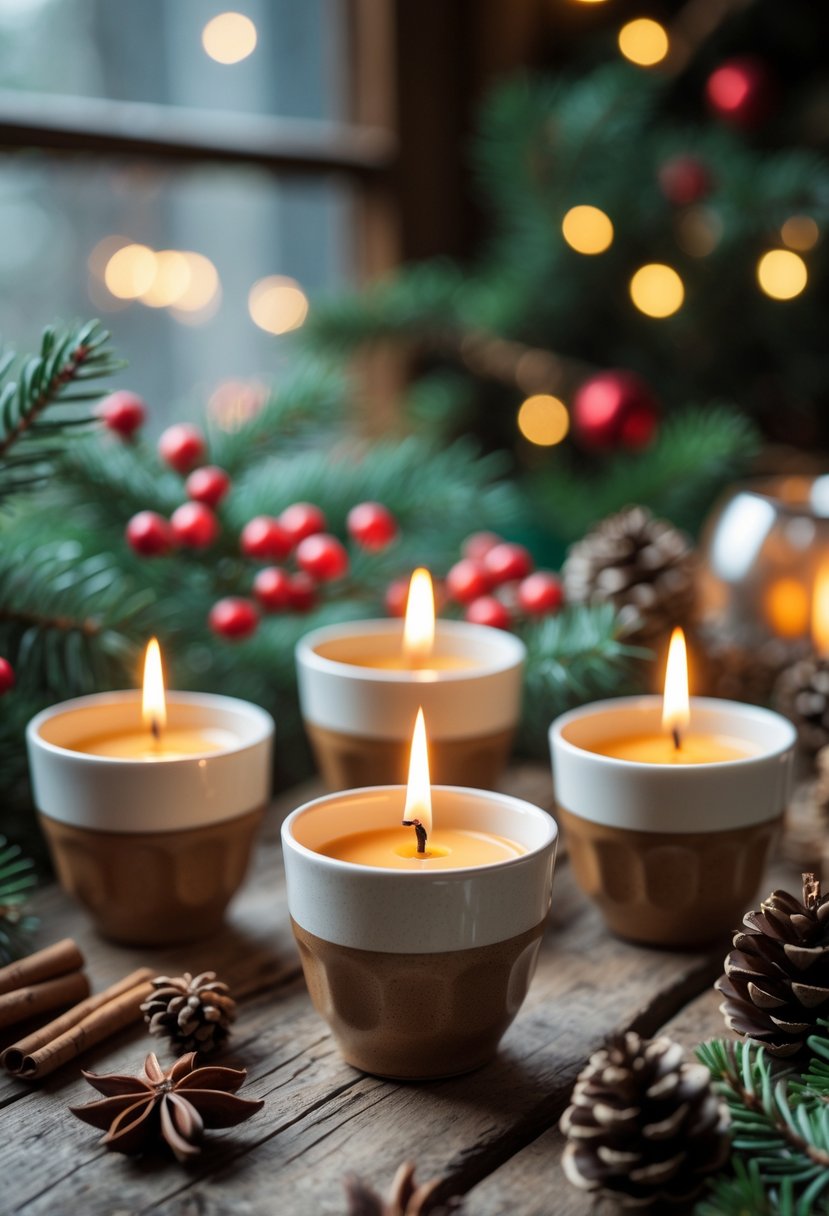 Coffee cups turned into candle holders with lit candles, surrounded by Christmas decorations on a wooden table.