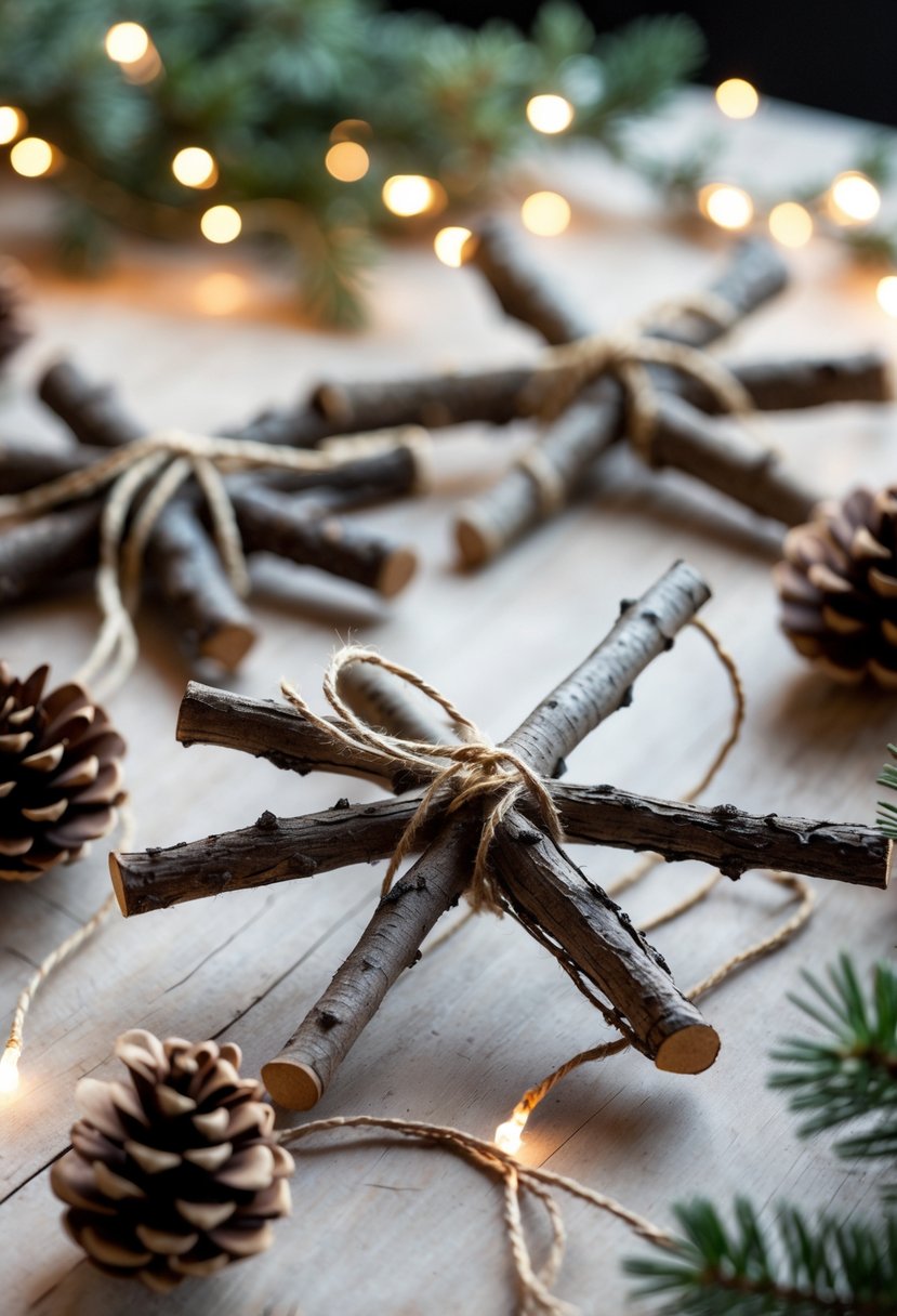 Close-up of rustic twig star ornaments on a wooden surface surrounded by pinecones, evergreen sprigs, and warm fairy lights.