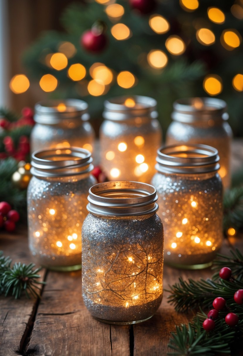 A group of glowing glitter-covered mason jar lanterns on a wooden table with Christmas decorations around them.