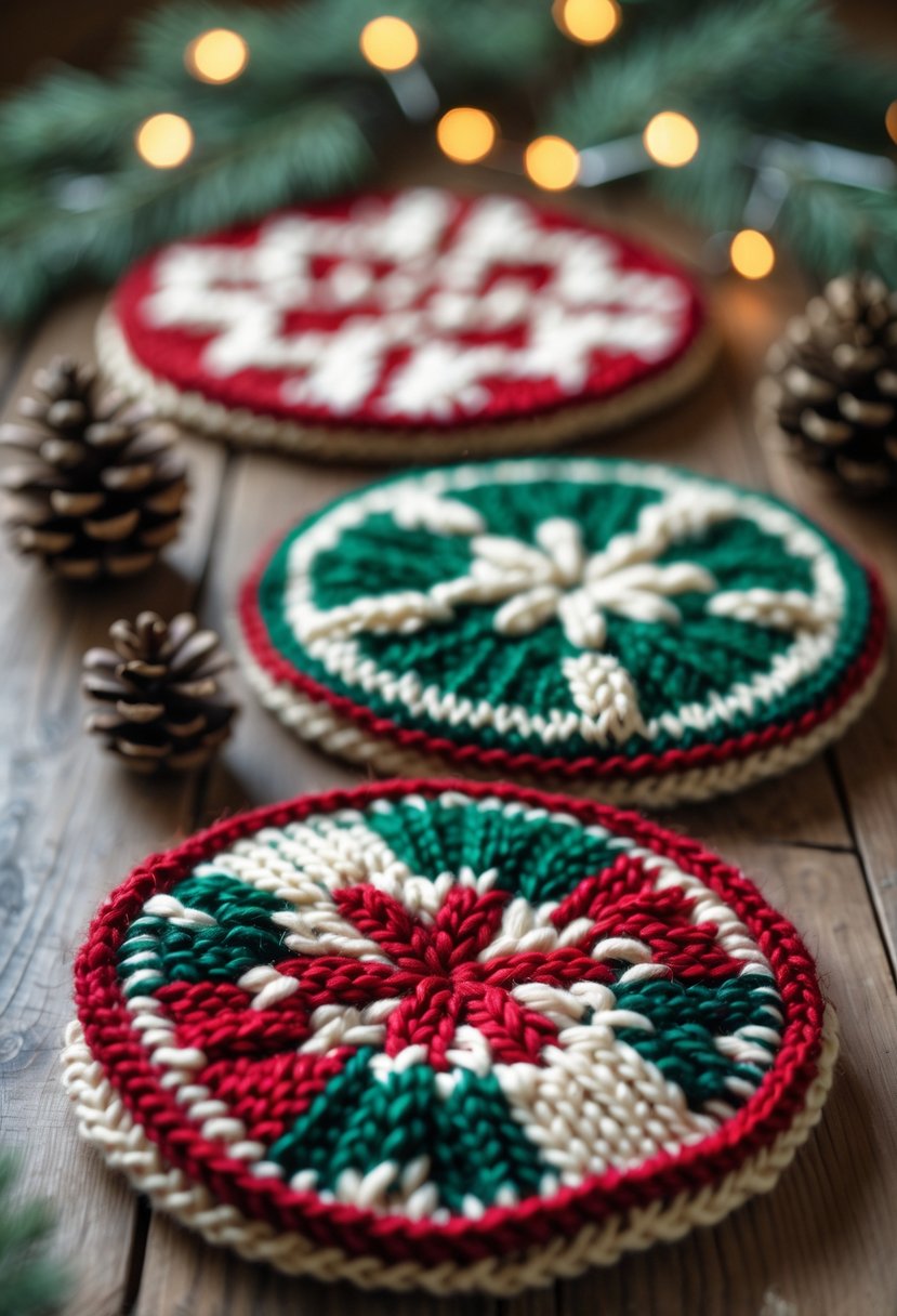 A set of knitted holiday coasters in festive colors arranged on a wooden table with pine branches, pinecones, and warm fairy lights in the background.