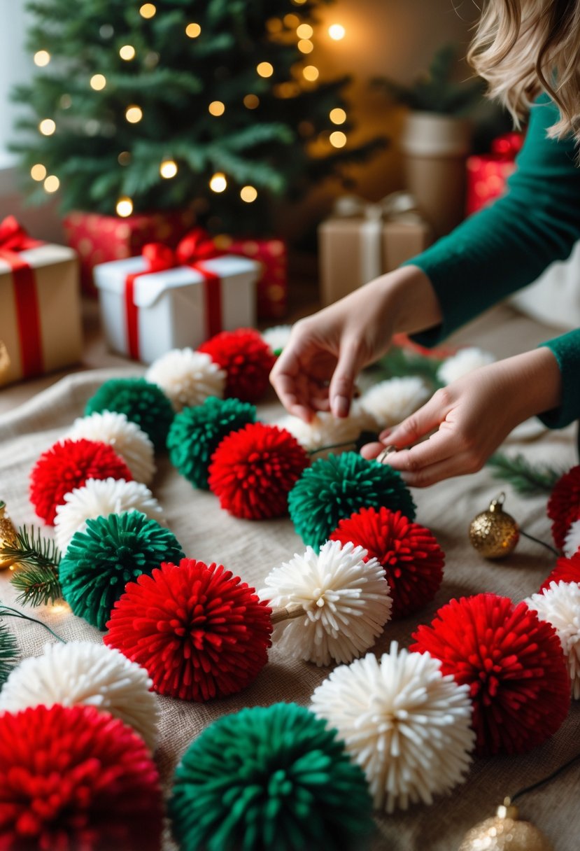 Colorful pom-pom garland being crafted by an adult's hands in a cozy holiday setting with pine branches and fairy lights.
