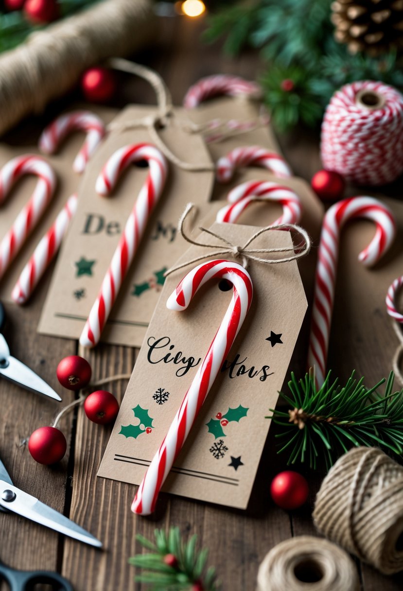 A close-up of personalized candy cane tags on a wooden table surrounded by crafting supplies and holiday decorations.