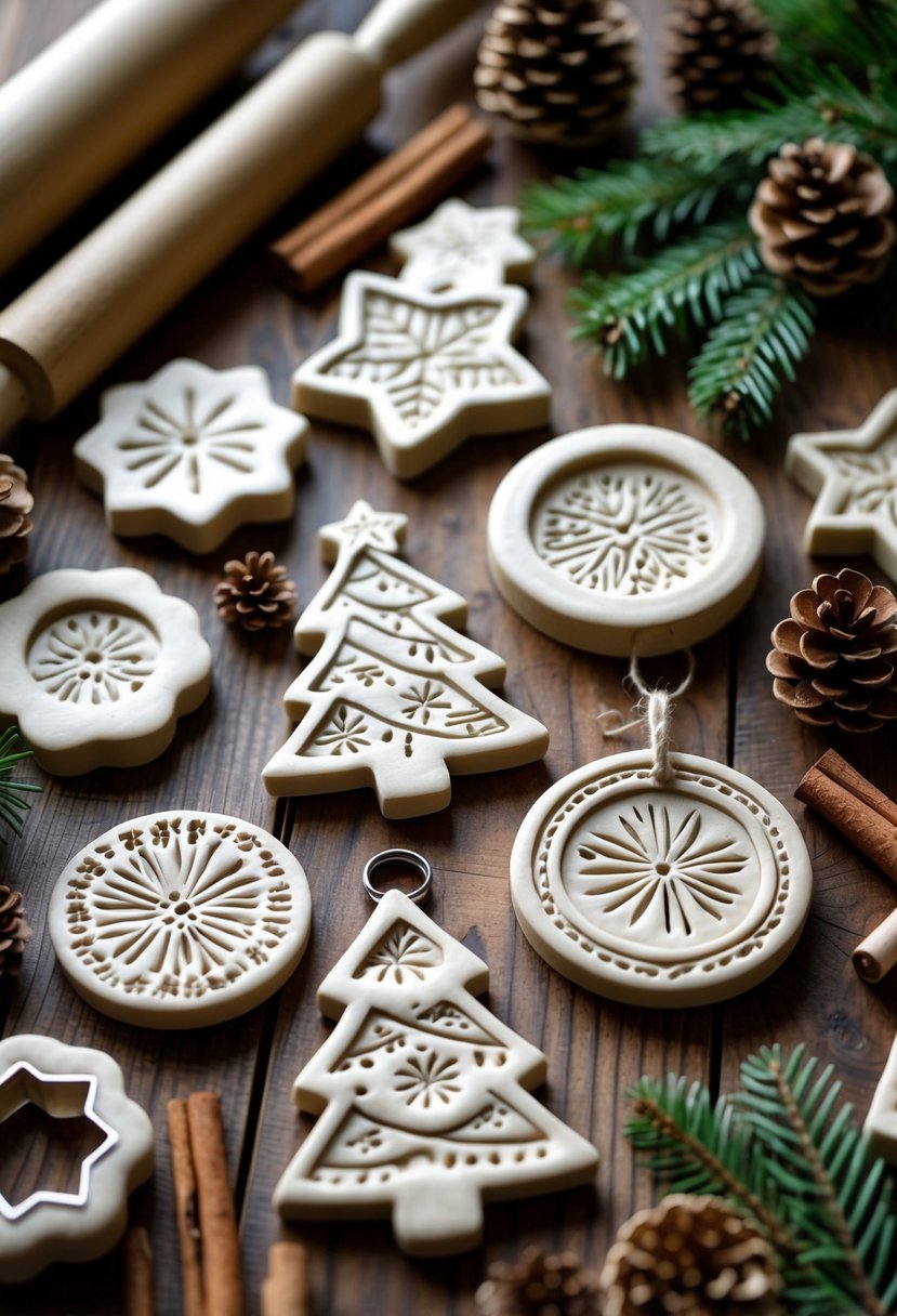 A table with stamped clay Christmas ornaments, crafting tools, and natural holiday decorations arranged for a festive craft project.