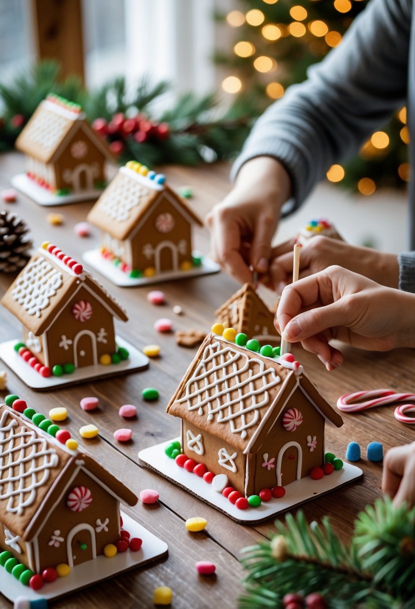 Hands assembling and decorating miniature gingerbread houses with candy and icing on a wooden table surrounded by Christmas decorations.