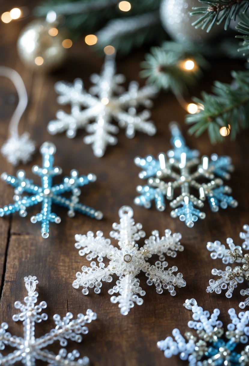 Close-up of several beaded snowflake ornaments displayed on a wooden surface with blurred holiday decorations in the background.