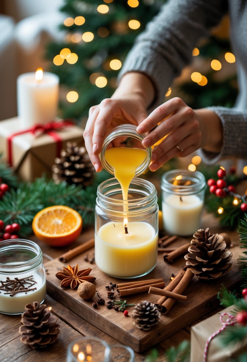 Hands pouring melted soy wax into a glass jar on a wooden table surrounded by candle-making supplies and holiday decorations.