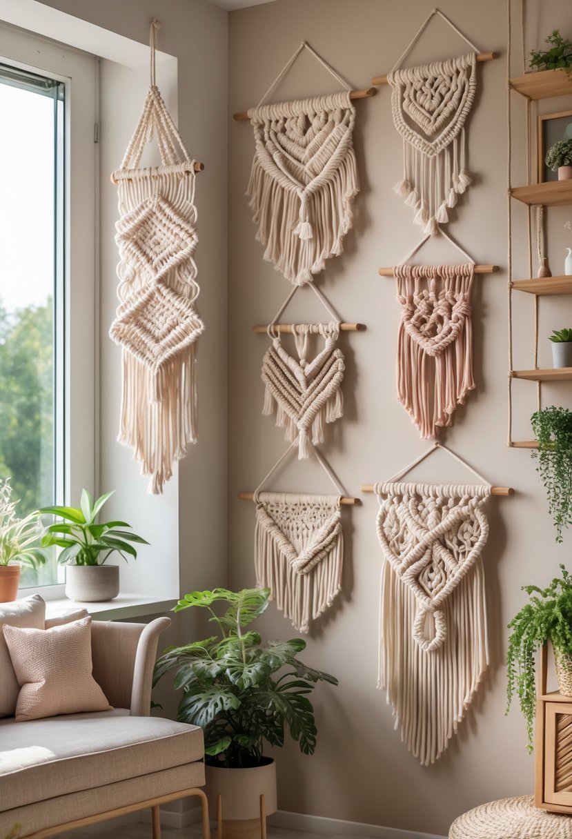 A wall decorated with 15 different macrame wall hangings in a cozy living room with plants and wooden shelves.
