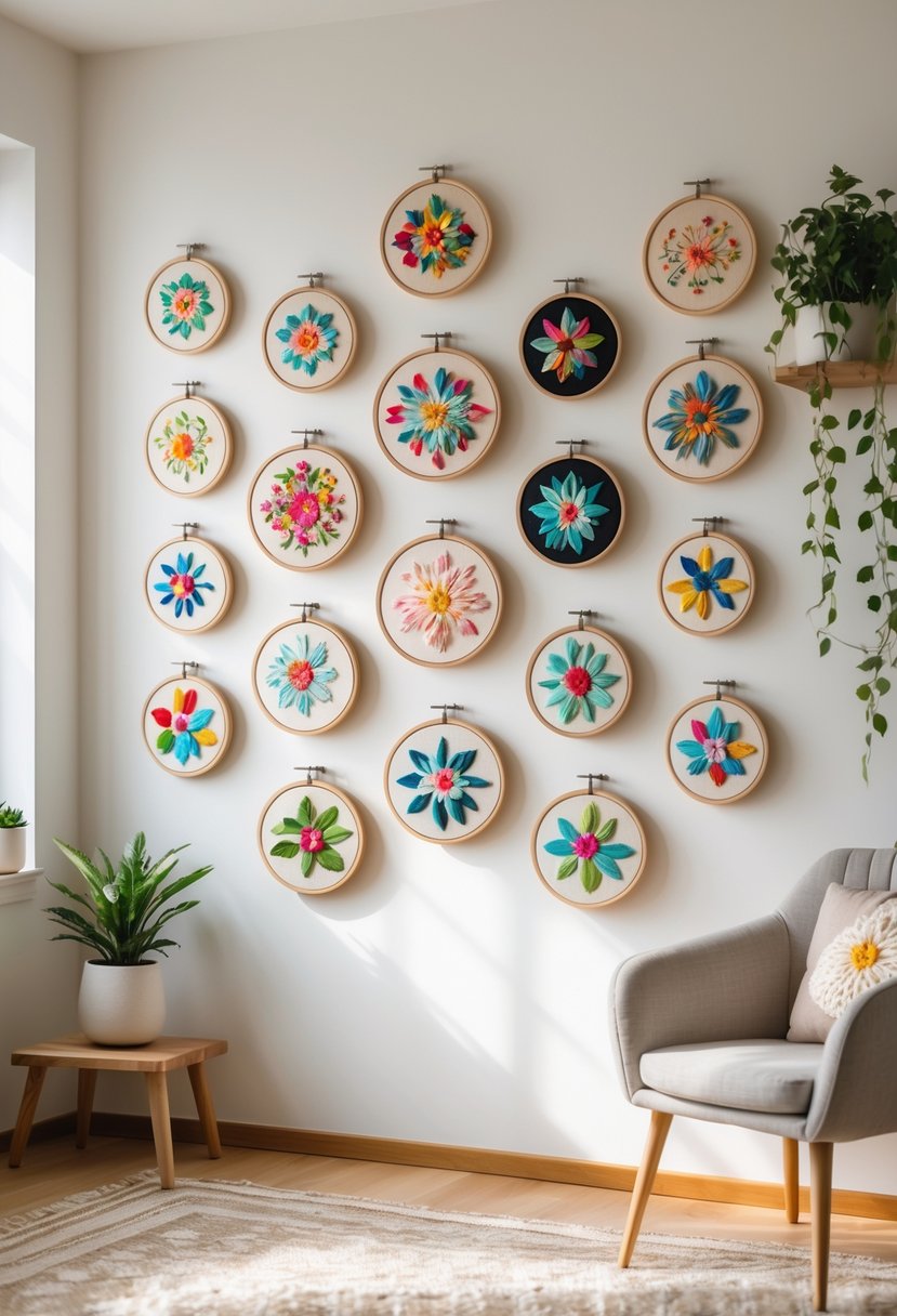 A wall decorated with 15 colorful embroidery hoop art pieces arranged in a creative display in a cozy home setting.