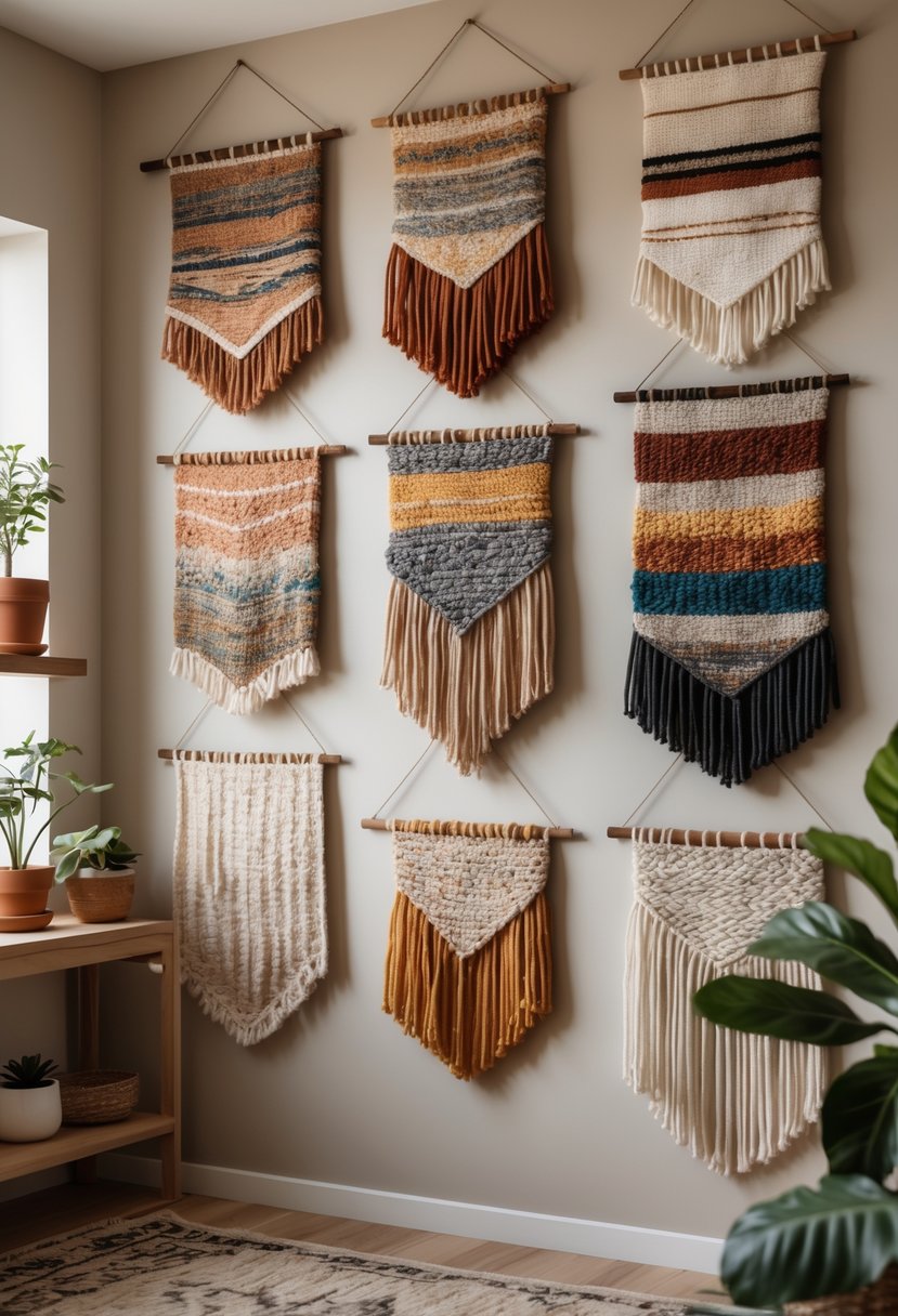 A collection of 15 woven yarn tapestries of different colors and patterns hanging on a wall in a cozy home setting.