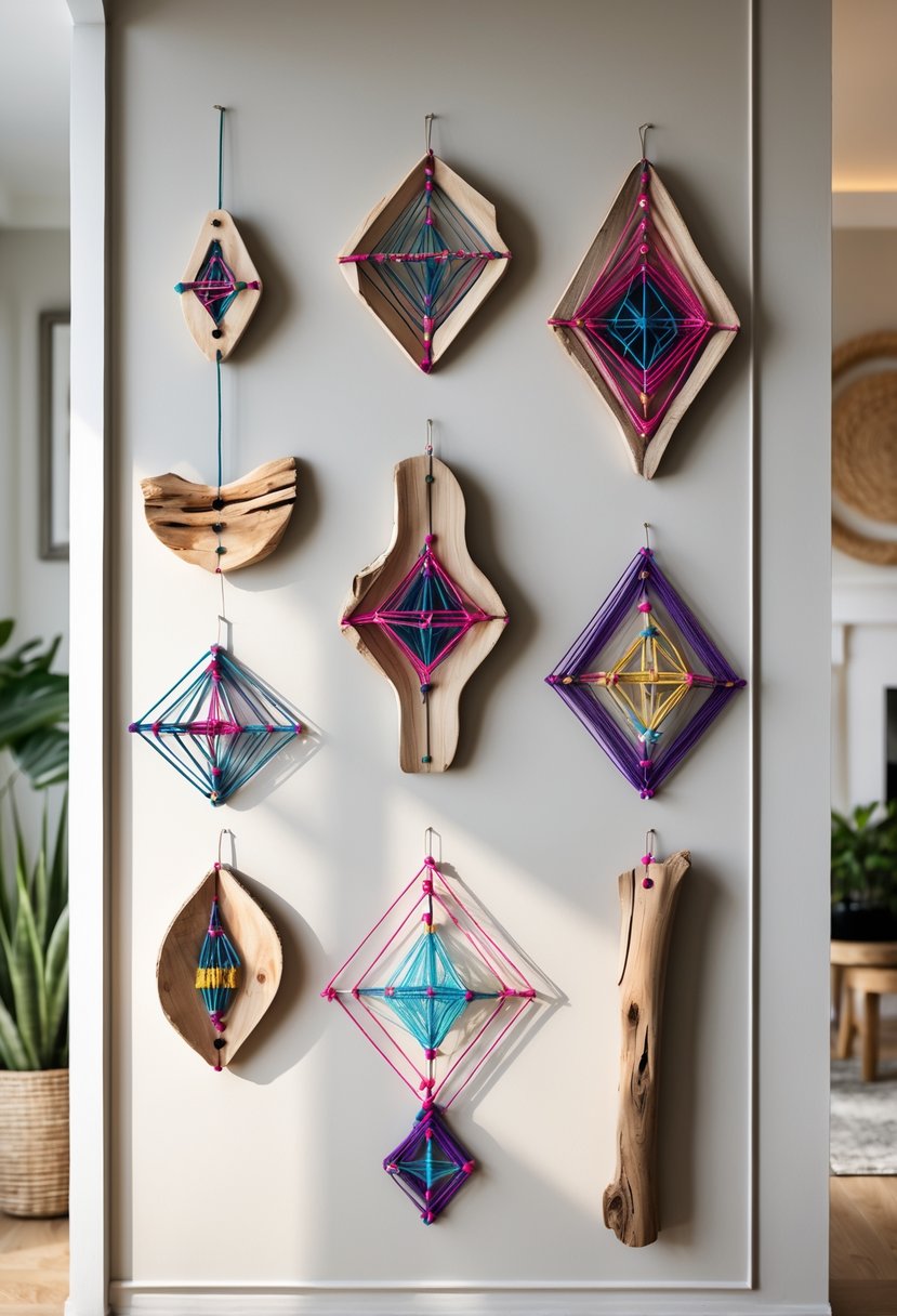 A wall decorated with multiple hanging driftwood pieces featuring colorful string art designs in a cozy home setting.