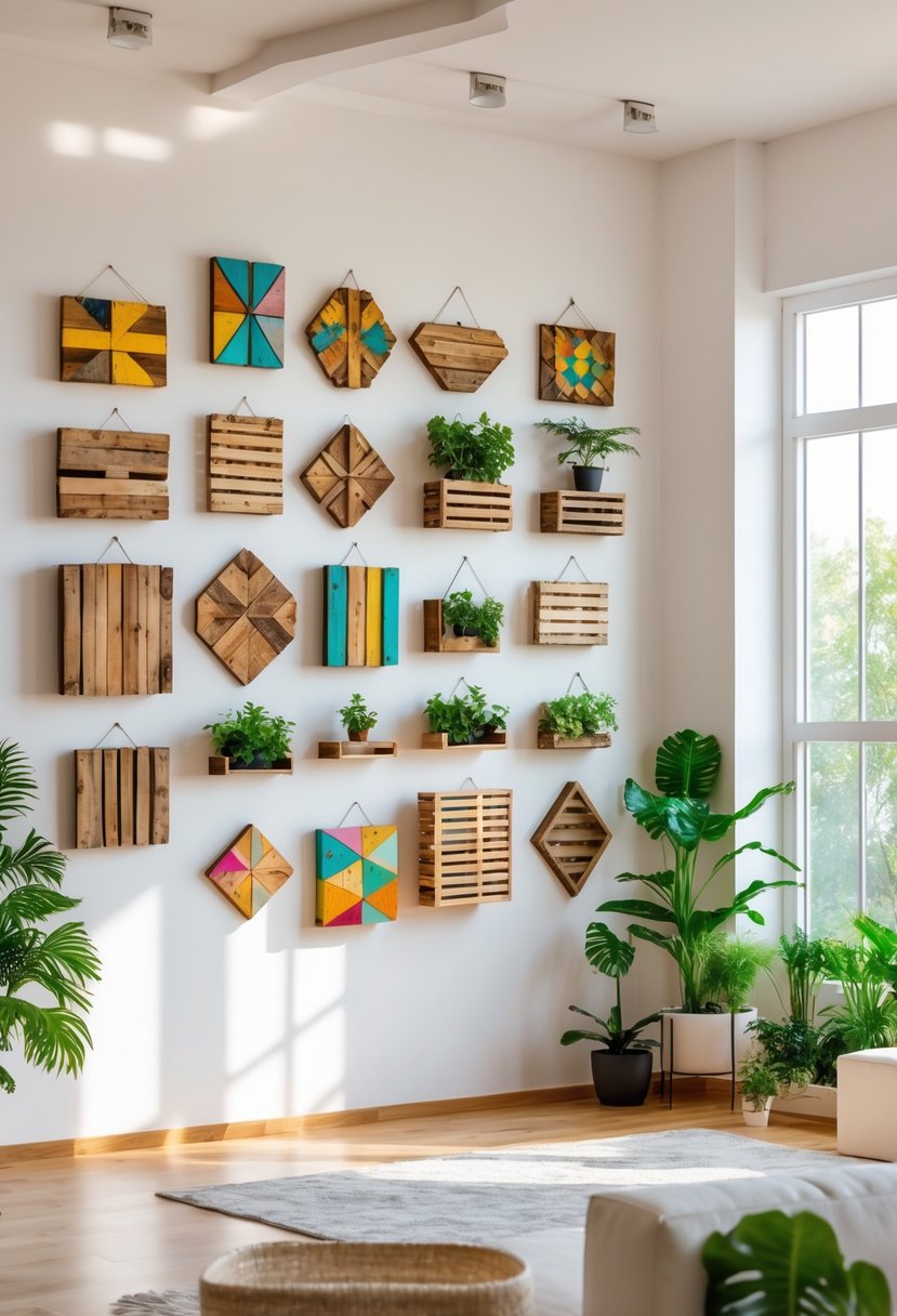 A bright room with a white wall displaying 15 different creative wooden pallet art pieces arranged neatly, surrounded by plants and modern furniture.