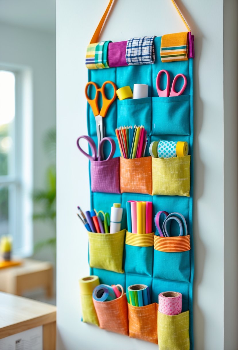 Fabric wall pocket organizer hanging on a wall filled with craft supplies in a bright home setting.