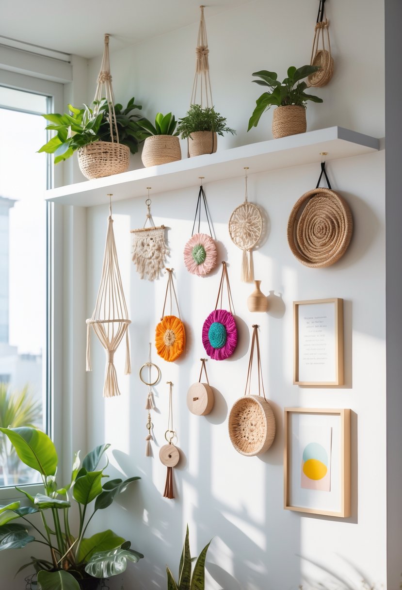 A floating shelf on a white wall displaying 15 different hanging craft decorations including plants, woven baskets, and wooden ornaments in a bright living room.