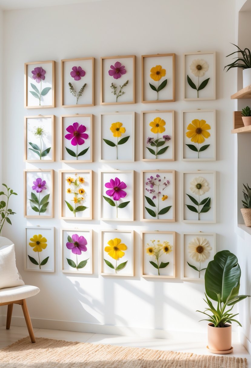 A wall with fifteen framed pressed flower artworks hanging in an organized arrangement in a bright home interior.