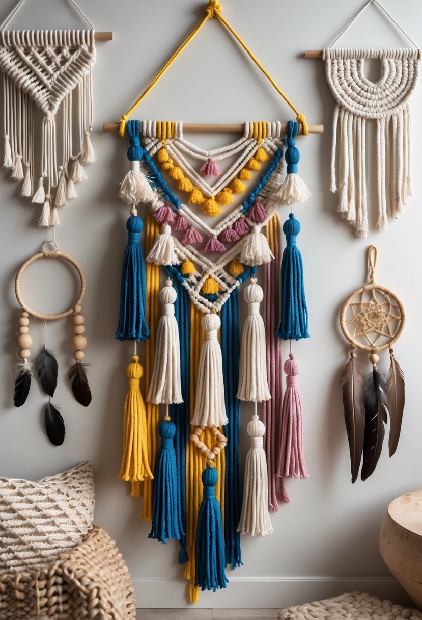 A wall hanging with colorful tassels and several other decorative hanging crafts displayed on a wall.