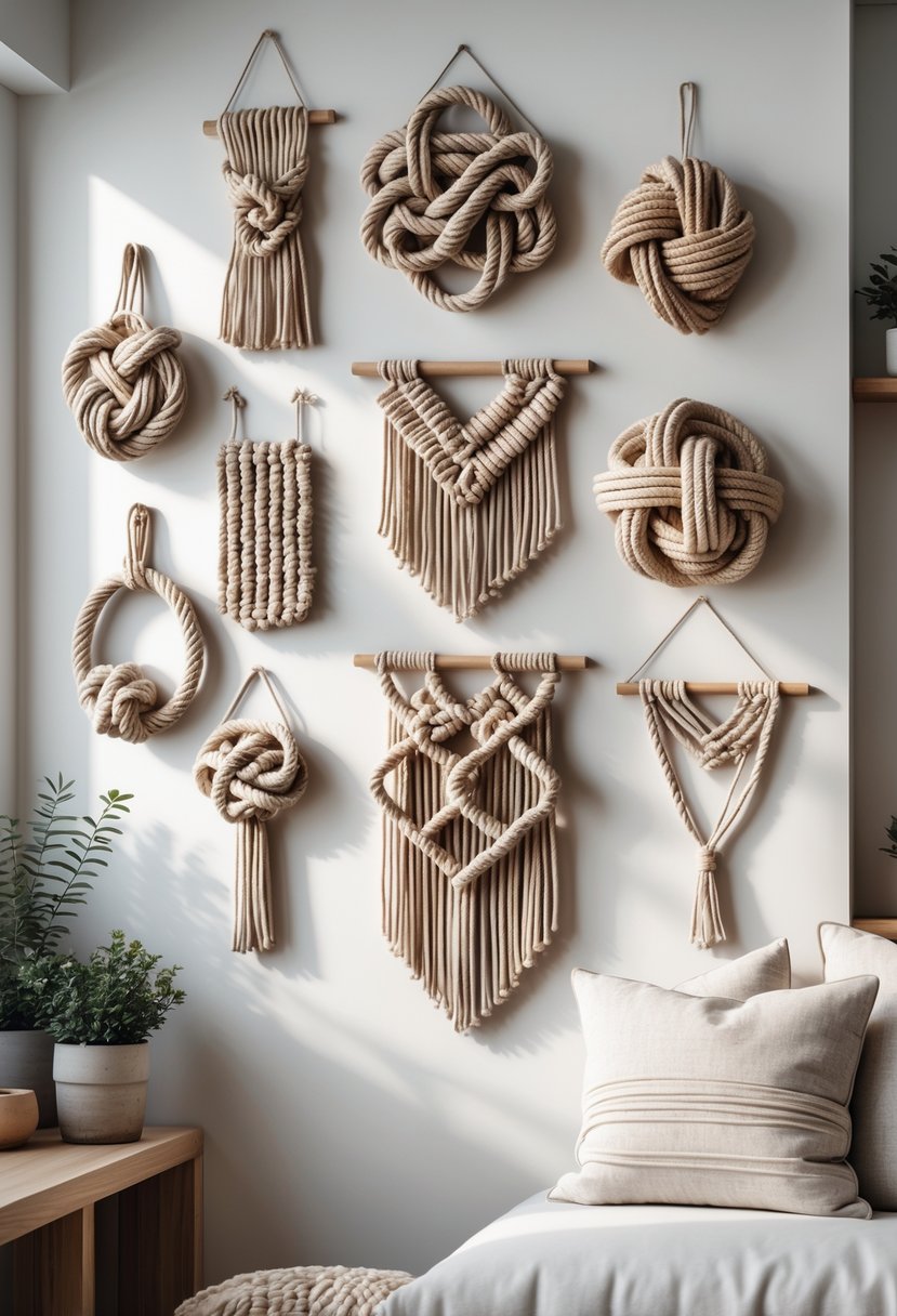 A wall decorated with 15 different knotted rope art pieces hanging in a home setting.