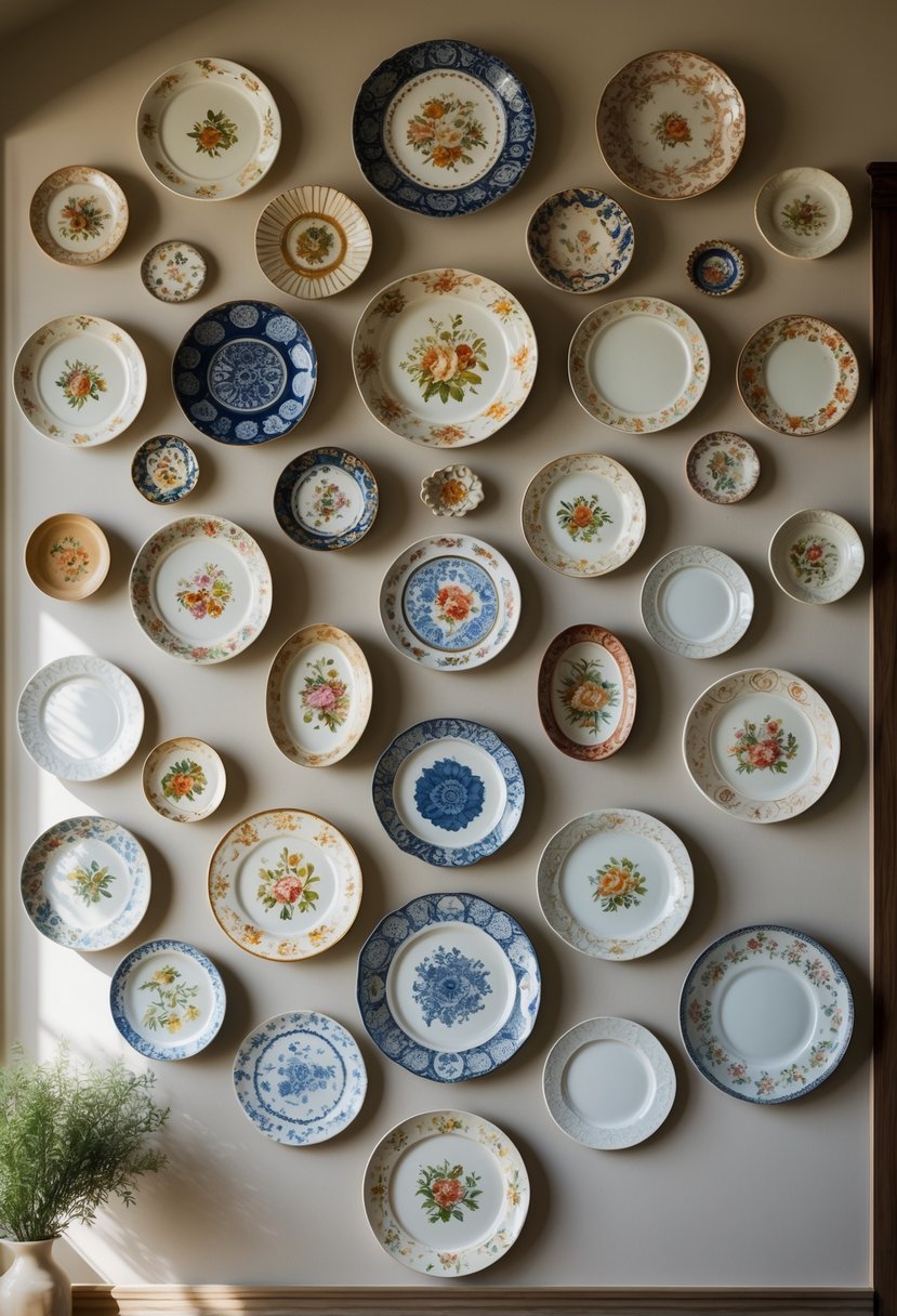 A wall decorated with fifteen vintage plates of various designs and sizes arranged in a creative pattern in a home interior.