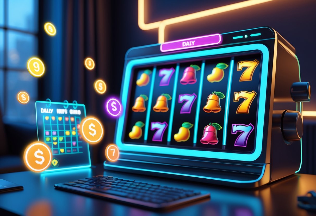 Sebuah mesin slot online modern di ruangan nyaman dengan simbol warna-warni di gulungan dan ikon digital mengambang yang mewakili strategi bermain setiap hari.