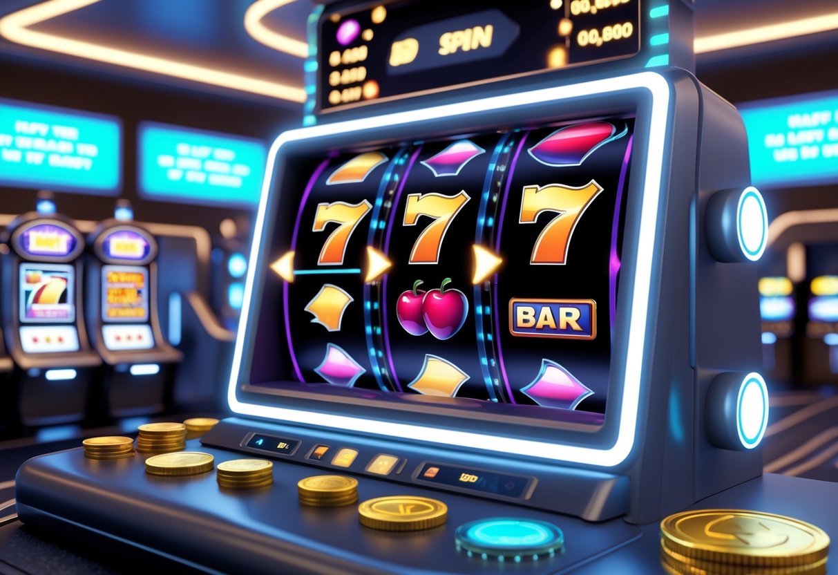 Sebuah mesin slot online modern dengan gulungan berputar dan simbol klasik, dikelilingi oleh efek cahaya yang menunjukkan kemenangan dan jackpot di latar kasino futuristik.