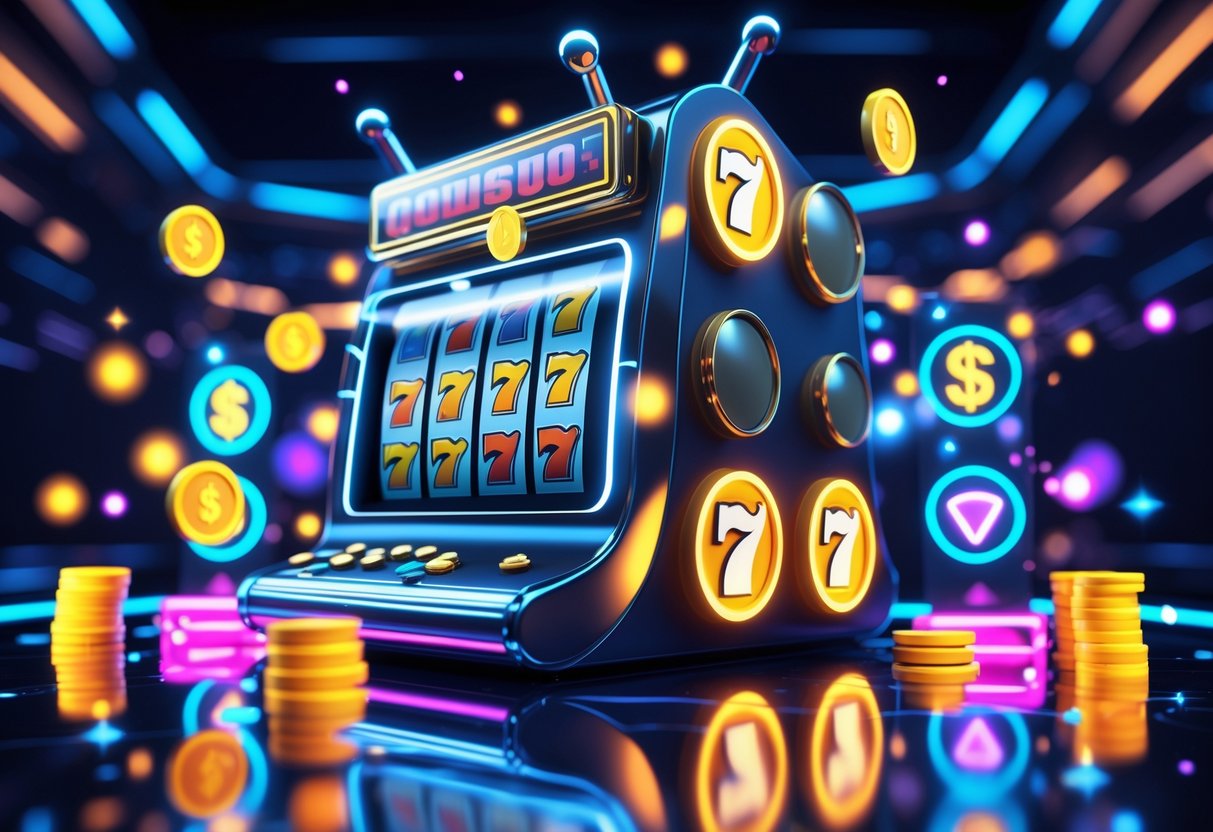 Mesin slot online berwarna cerah dengan simbol berputar dan efek cahaya yang menarik, menggambarkan suasana permainan slot yang seru dan penuh harapan menang jackpot.