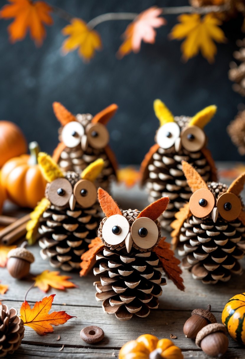 A group of pine cone owl decorations surrounded by autumn leaves, acorns, and small pumpkins on a wooden surface.