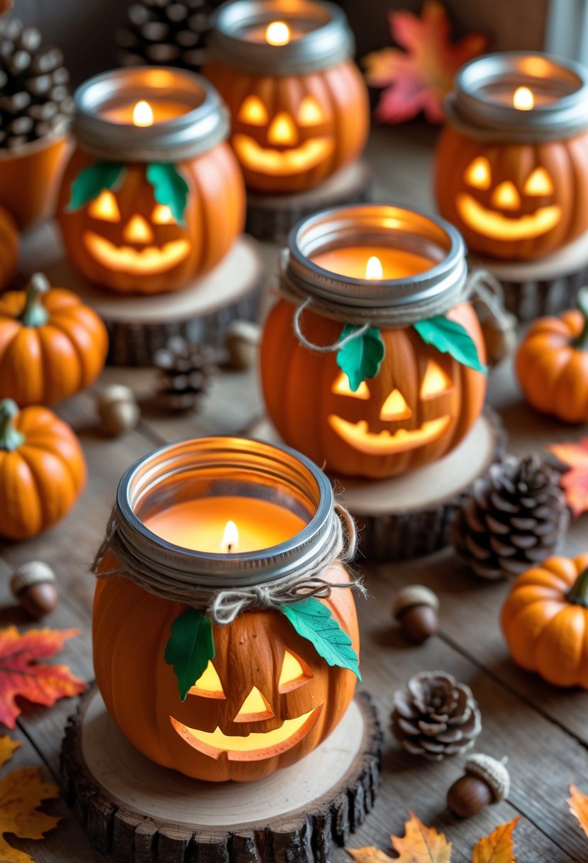A group of pumpkin-themed mason jar lanterns glowing warmly on a wooden table surrounded by autumn leaves and small pumpkins.