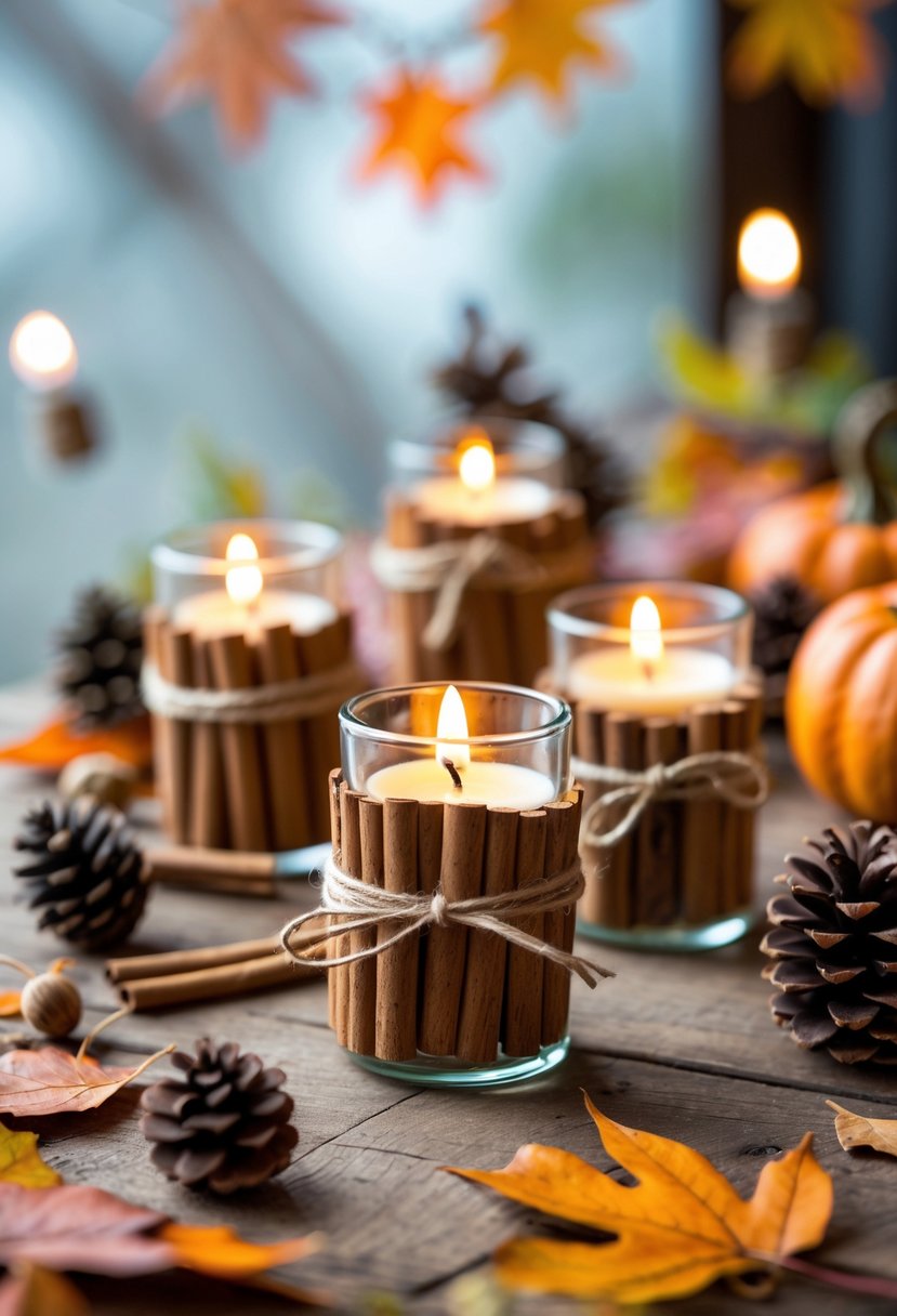 Several cinnamon stick candle holders with lit candles arranged on a wooden table surrounded by autumn leaves, pine cones, and small pumpkins.