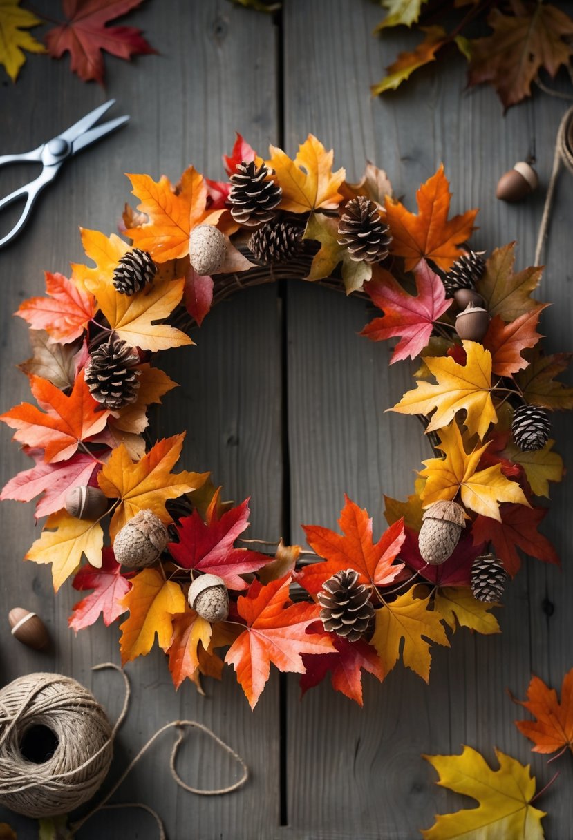 A colorful autumn leaf wreath made of red, orange, and yellow leaves with pinecones and acorns, placed on a wooden surface with craft supplies around it.