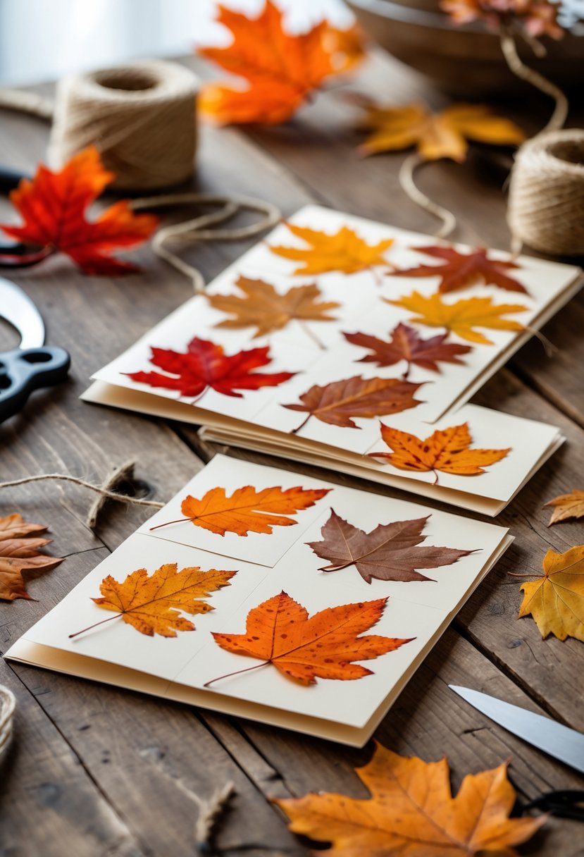Pressed leaf bookmarks in autumn colors arranged on a wooden table with crafting tools nearby.