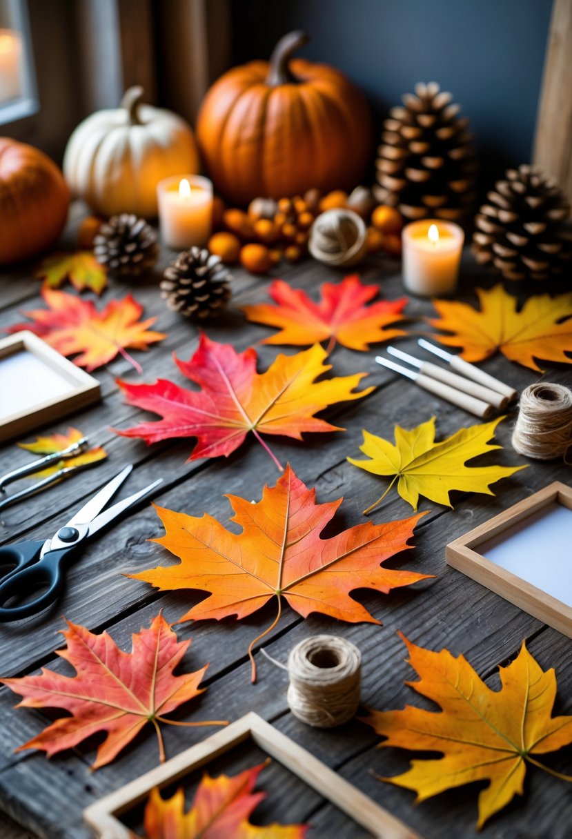 A table with colorful maple leaves and crafting supplies arranged for an autumn wall art project.