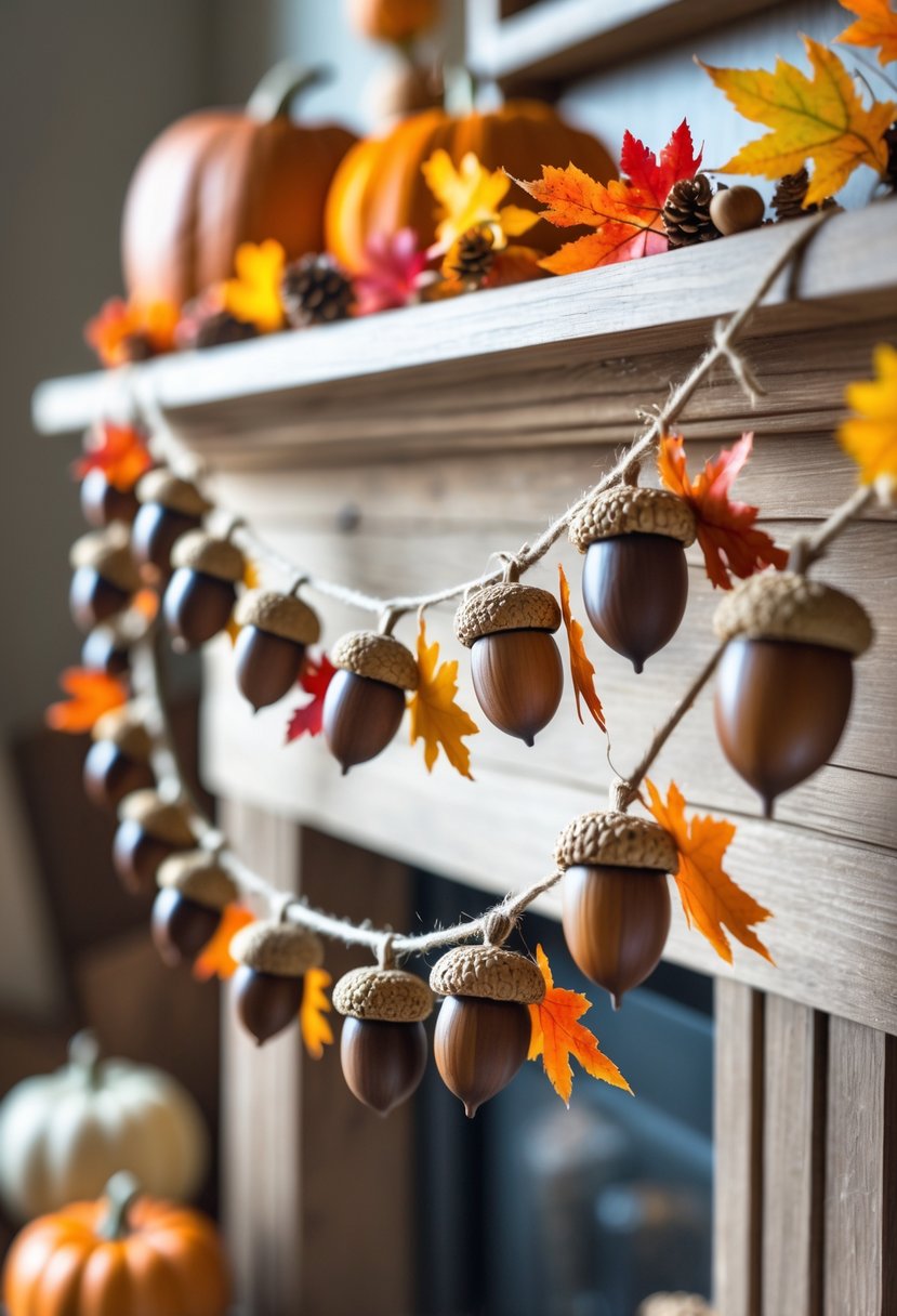 A handmade acorn garland decorated with colorful autumn leaves draped over a wooden surface with pumpkins and pine cones in the background.