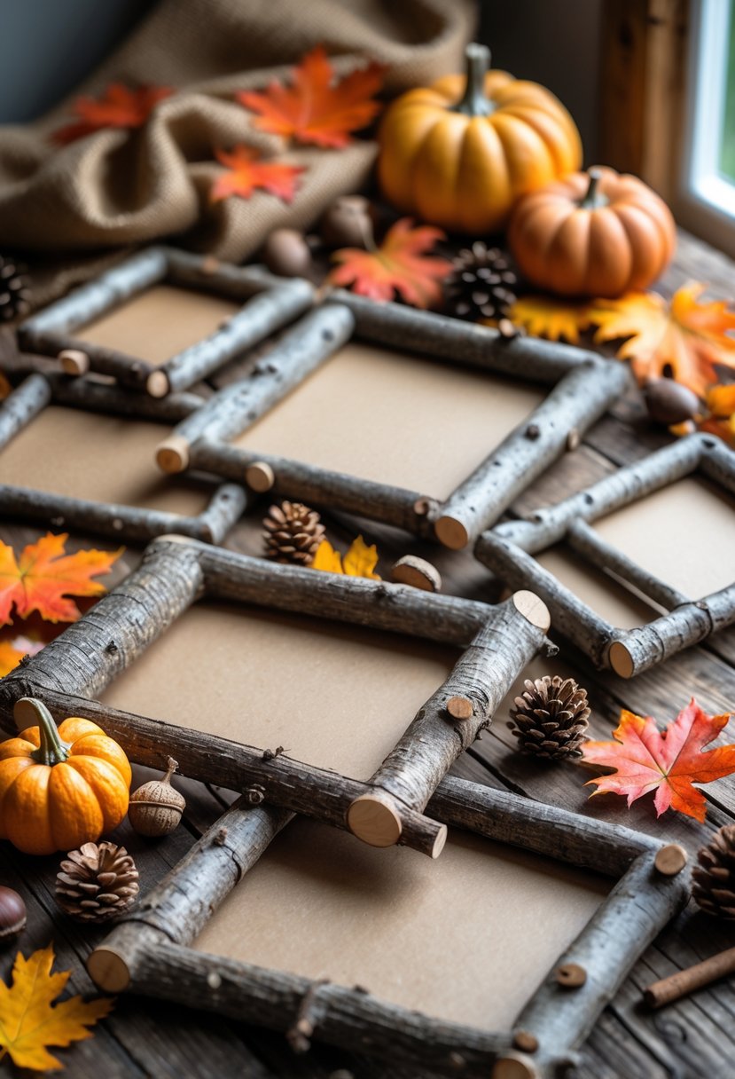 A collection of rustic twig picture frames on a wooden table surrounded by autumn leaves, pinecones, acorns, and small pumpkins.