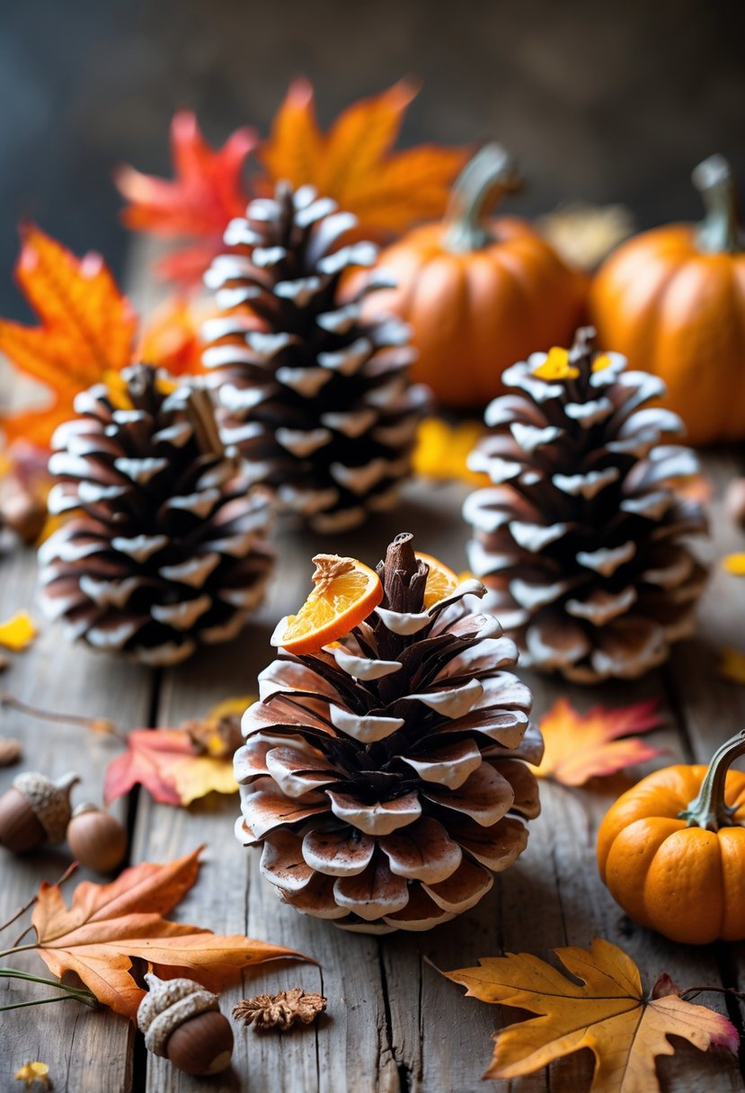 A wooden table with pine cones coated in wax and decorated with cinnamon sticks and dried orange slices, surrounded by autumn leaves, acorns, and small pumpkins.