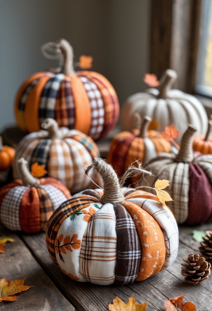 A collection of handmade fabric scrap pumpkins in various sizes arranged on a wooden table with autumn leaves and pinecones.