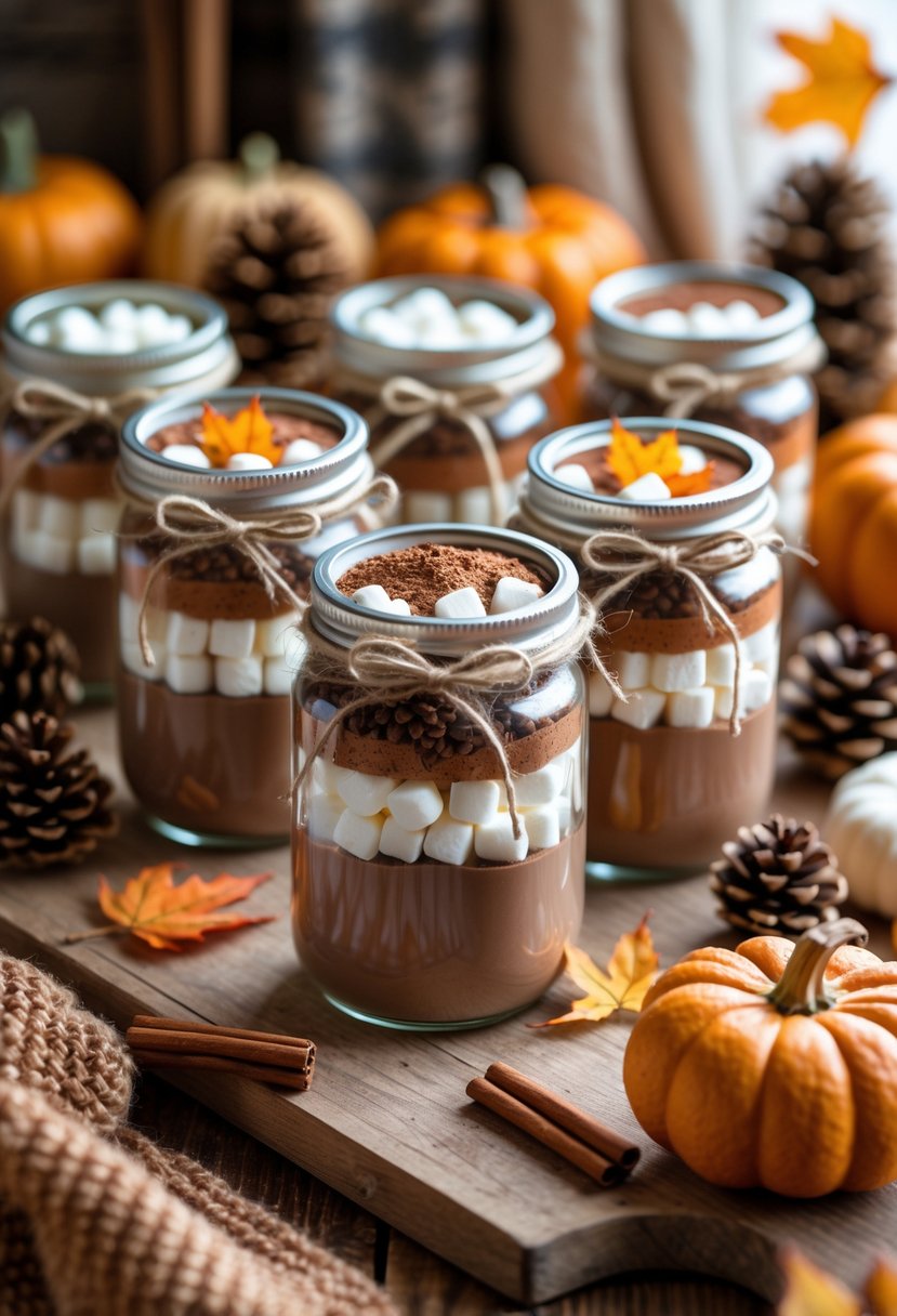 Several glass jars filled with hot chocolate mix and marshmallows, decorated with twine and autumn leaves on a wooden table surrounded by pumpkins, pinecones, and cinnamon sticks.