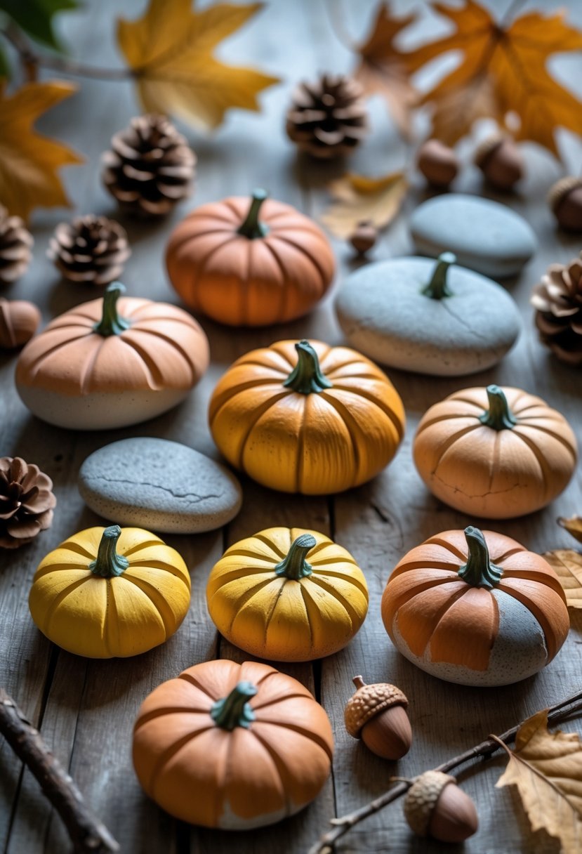 A collection of hand-painted pumpkin stones arranged on a wooden surface with autumn leaves and acorns around them.