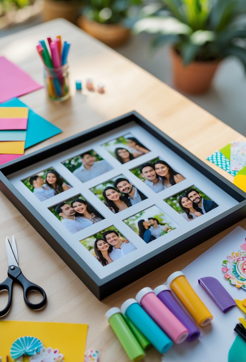 A personalized photo collage frame with pictures of a couple surrounded by craft supplies on a wooden table.