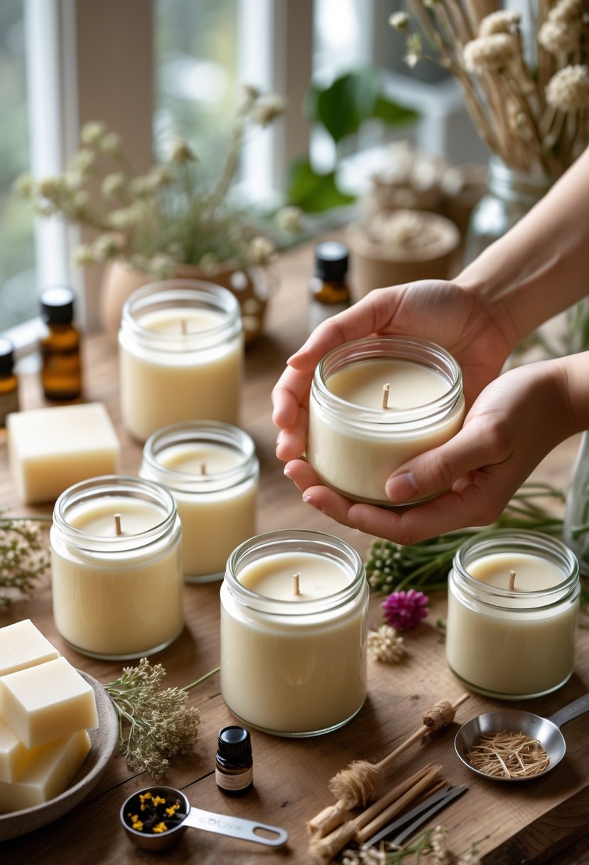 A workspace with handmade scented soy candles in glass jars surrounded by crafting materials and two hands holding a finished candle.