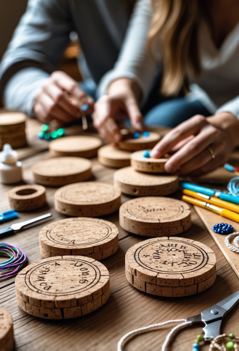 Hands of a couple making customized wine cork coasters on a wooden table surrounded by craft supplies.